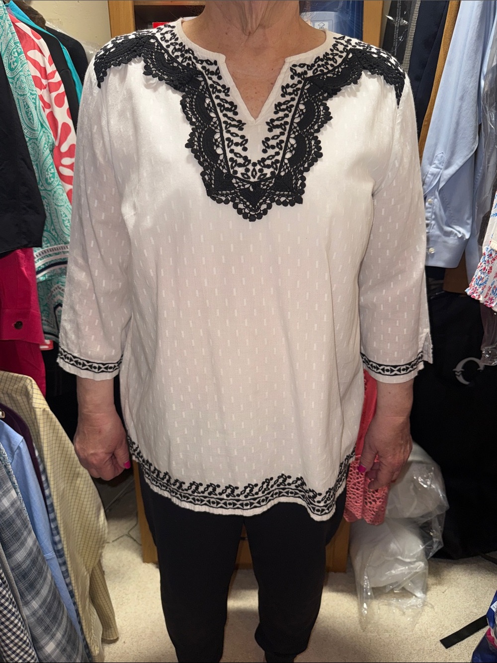 Women’s White Tunic Top with Black Lace Trim